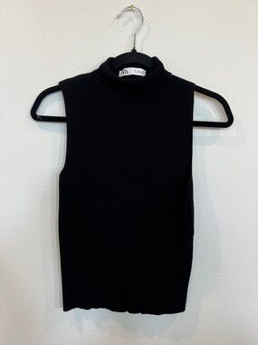 Zara Women’s Black Ribbed Sleeveless Mock Neck Top